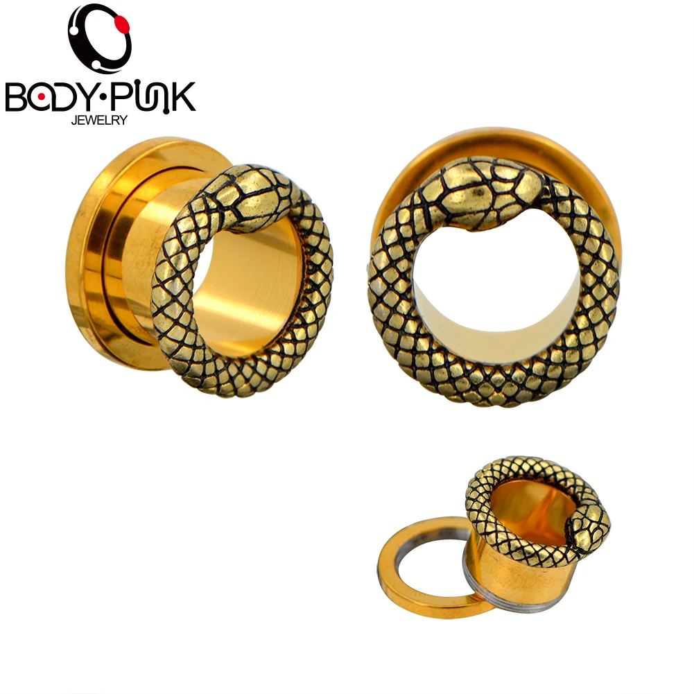 

BODY PUNK Gold Snake Plugs and Tunnels Ear Piercing Rings Stainless Steel Screw Body Jewelry Gauges Earrings Fashion Gifts