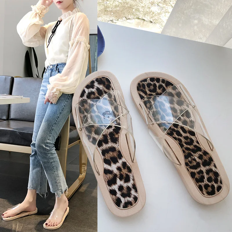 

2019 Summer Flats Slippers Outdoor Leopard Prin Soft PVC Sandals Women Home Slippers Slides Beach zapatos de mujer