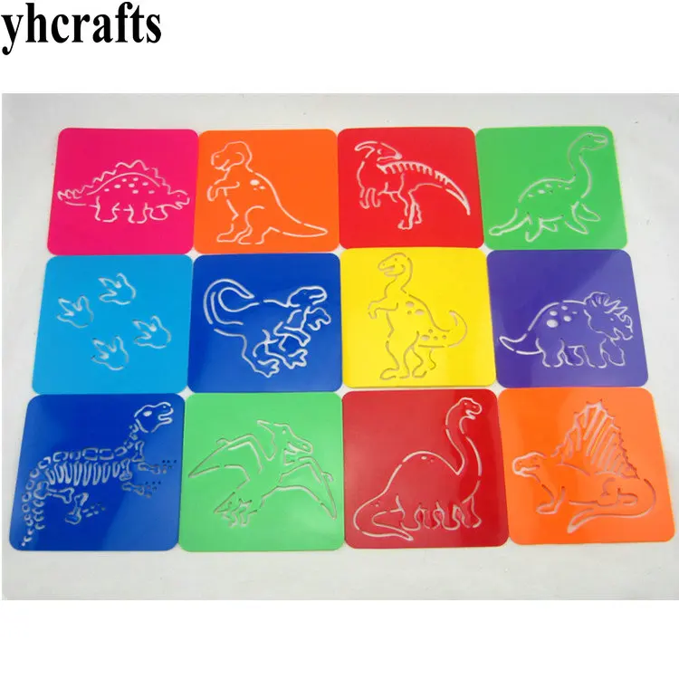 

12PCS/LOT.Jurassic art stencil paint template Birthday gifts Kindergarten toys PP drawing stencils Dinosaur crafts Early DIY