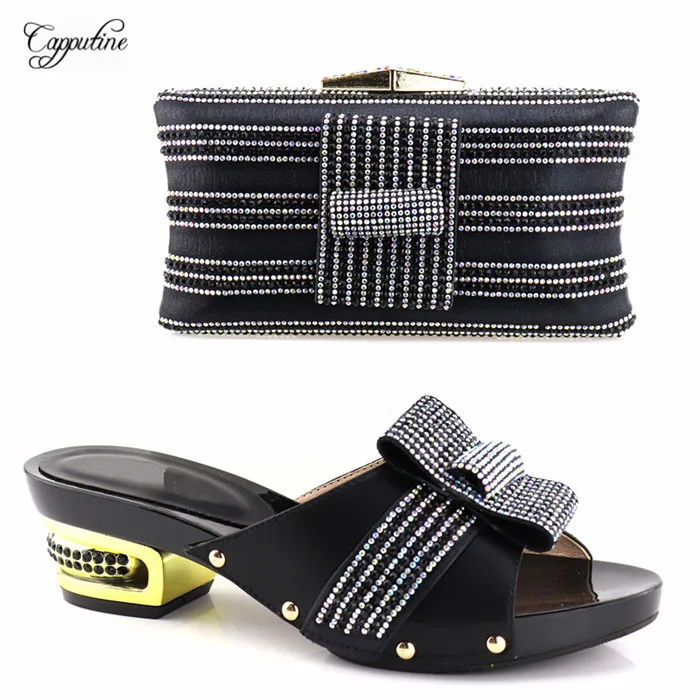 

Popular black pump shoes and purse handbag with nice stones YH2018-04, heel height 5,3cm, 5 color