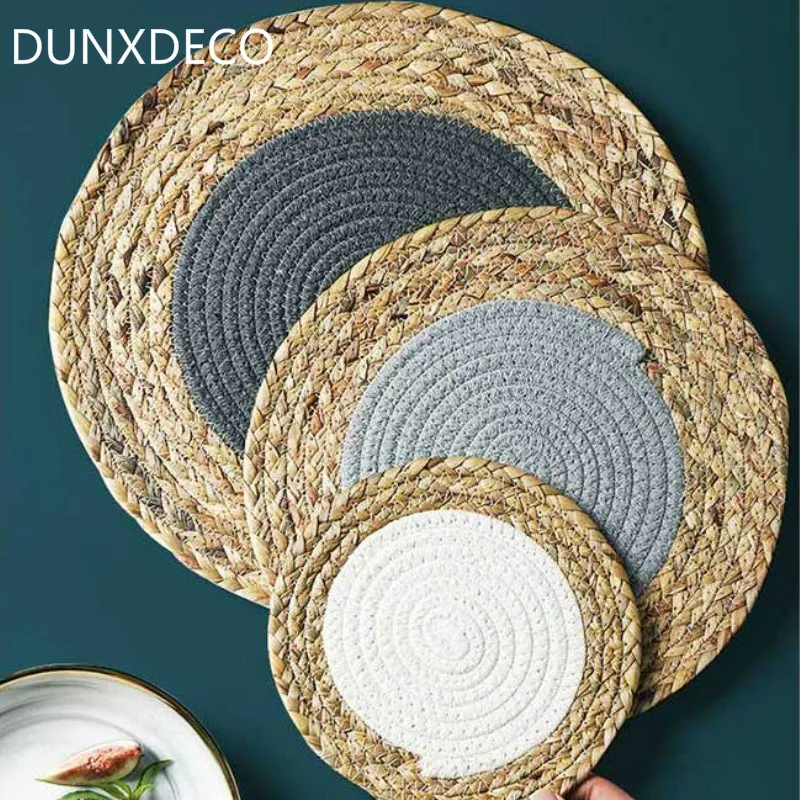 

DUNXDECO Table Placemat Pot Cup Mat Set Round Nature Linen Weaver Cotton Thread Hot Insulation Pad Modern Simple Rustic Mesa Dec