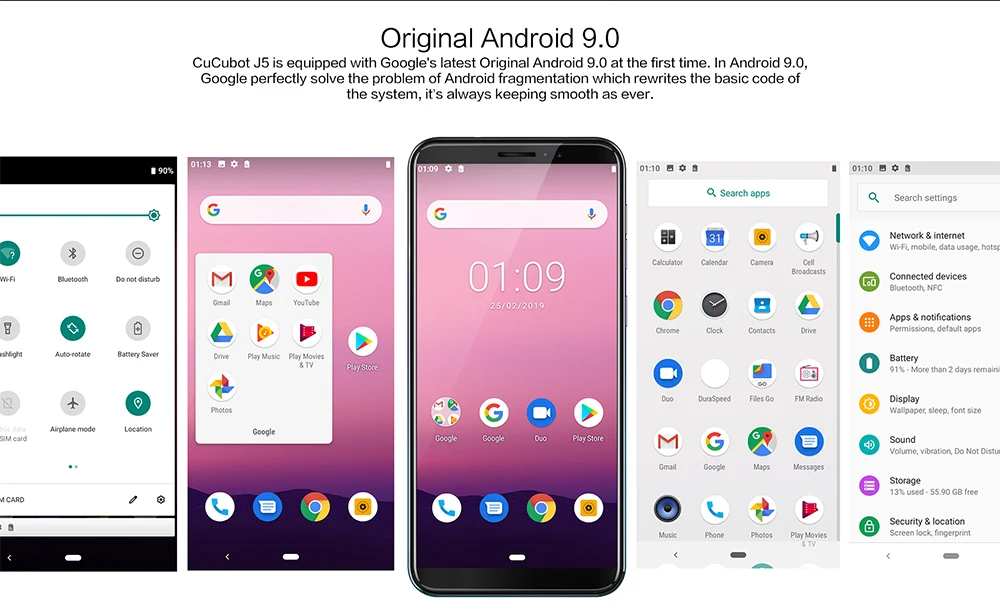 Cubot J5 Android 9,0 5,5 дюймов 18:9 полный экран 2 Гб 16 Гб MT6580 четырехъядерный смартфон 2800 мАч 3g двойной Nano Sim мобильный телефон
