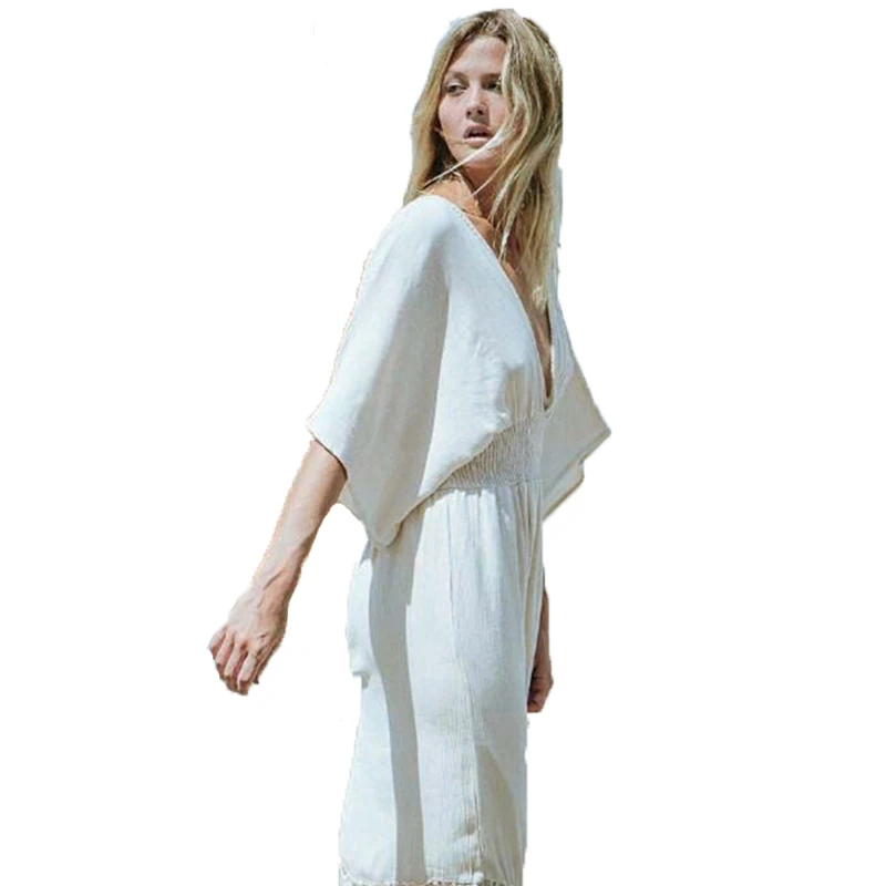 

Women 'S Swimwear V Neck Three Quarters Sleeve Hollow out Long Cover up Dress European And American Cotton Wrinkle Lace Sexy