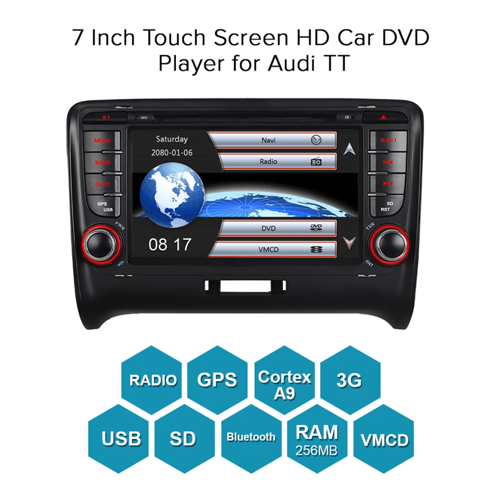 Discount A-Sure 2 Din Car Auto Radio DVD Player GPS Stereo Navigation For Audi TT MK2 2006-2009 3G Bluetooth SWC RDS DAB+ VMCD Multimedia 1