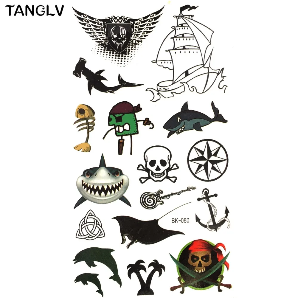 Tanglv ماركة 3d الوشم المؤقت هيئة الفن ، القرش الأسماك ، الجمجمة القراصنة فلاش الوشم اللاصق الاحتفاظ 3-5 أيام 19*10.5 سنتيمتر