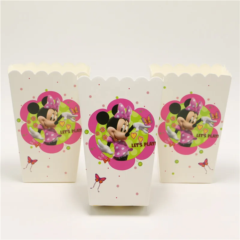 

Paper Popcorn Snack Candy Favor Boxes Minnie Mouse Cartoon Children Girls Birthday Party Decorations Baby Shower Supplies 6Pcs
