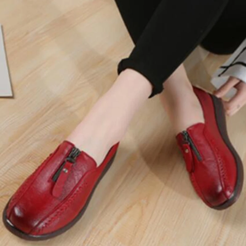 

Mother Flat Loafers Round Toe Zipper Sewing Ballet Female Genuine Split Leather Sewing Women Slip On Ladies Shoes Zapatos Mujer
