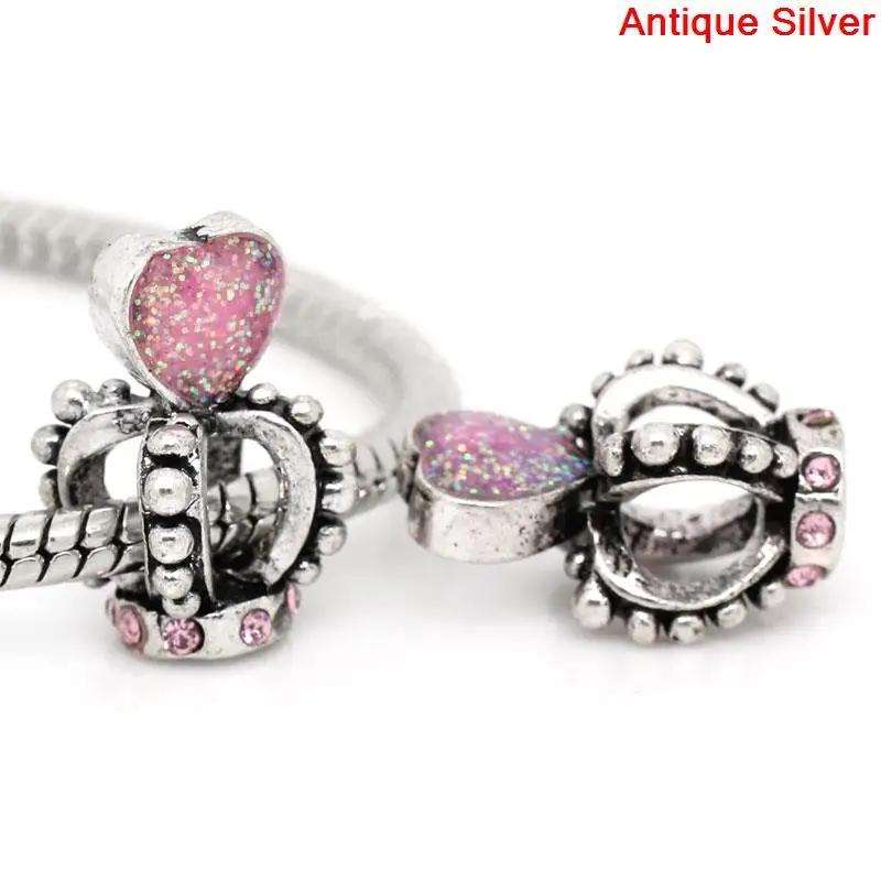 

DoreenBeads European Charm Beads Crown antique silver Pink Acrylic Rhinestone Enamel Pink 17mmx10mm ,Hole::6mmx5mm,10PCs