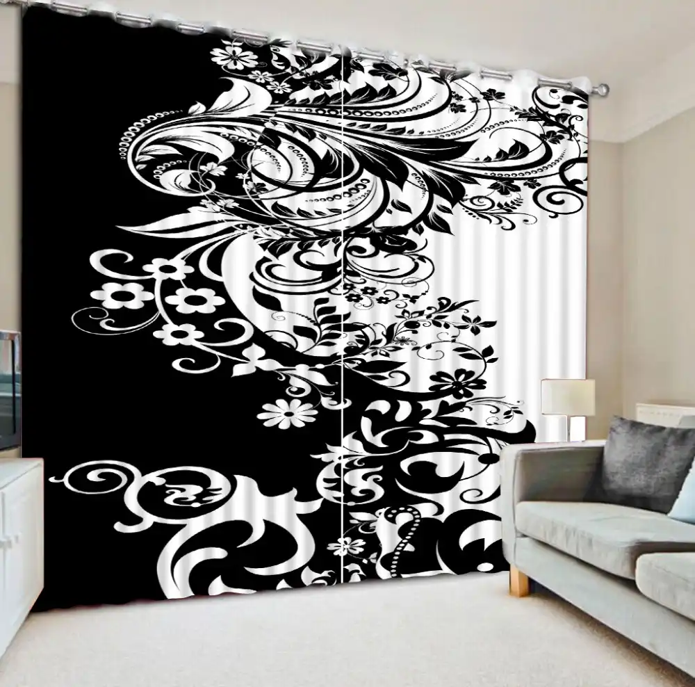 Luxury European Modern Patterned Window Curtains Black And White