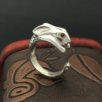 

S925 Sterling Silver Ornaments Retro Thai Silver Fashion Cute Red Eyes Bunny Tears Open Ended Ring