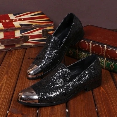 

Spring and Autumn Outdoor sets of feet casual shoes round head wedding black iron sequins increased men's leather shoes