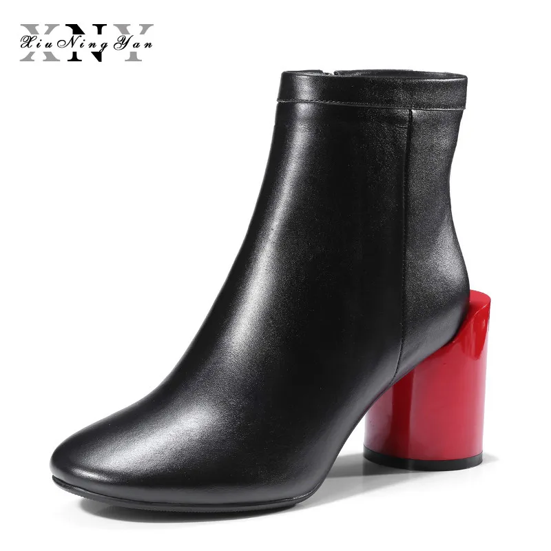 

XIUNINGYAN Shoes Woman 2018 Autumn Winter Chunky Heels Zipper Black Beige Ankle Boots Women's Shoes Genuine Leather Matin Boots