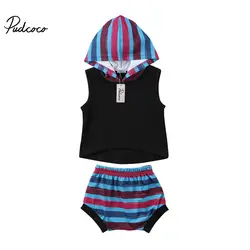 Детское одежа из 2 предметов Костюмы для новорожденных мальчиков и девочек Hooded Crop Лето Майки полосатые шорты штаны летняя одежда