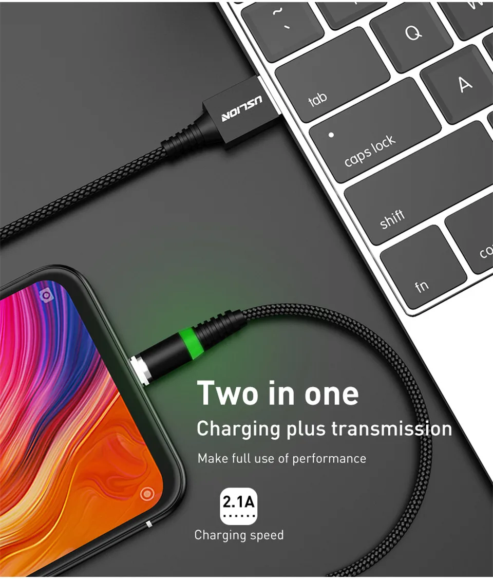 USLION 1 м светодиодный магнитный кабель usb type C кабель для iPhone Xs Max XR 8 7 6 Магнитный зарядный Micro USB кабель зарядный провод шнур USB C