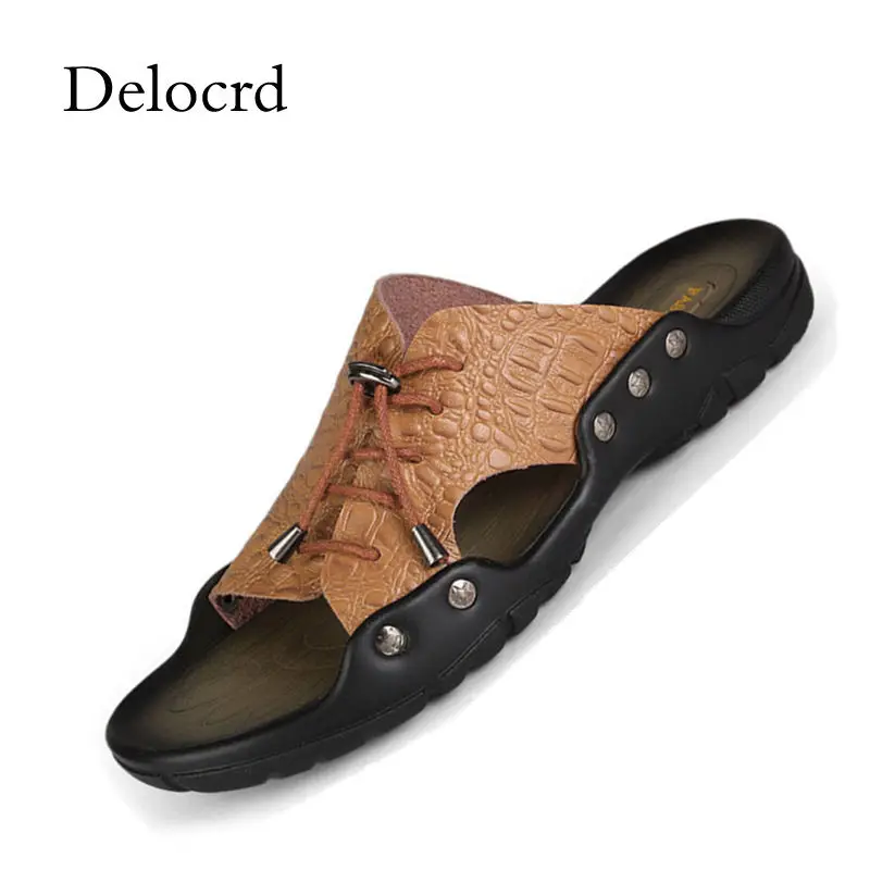 

Men Holiday Slippers 2018 New Summer Beach Sandals Crocodile Embossed Leather Slipper Comfortable Leisure Shoes Plus Size 38-46