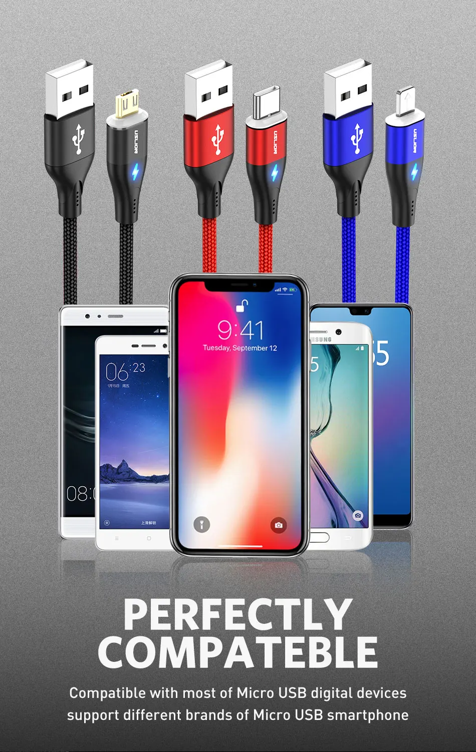 USLION 3A светодиодный магнитный кабель для быстрой зарядки для iPhone XS Micro usb type C Магнитный зарядный кабель для телефона huawei samsung Xiaomi