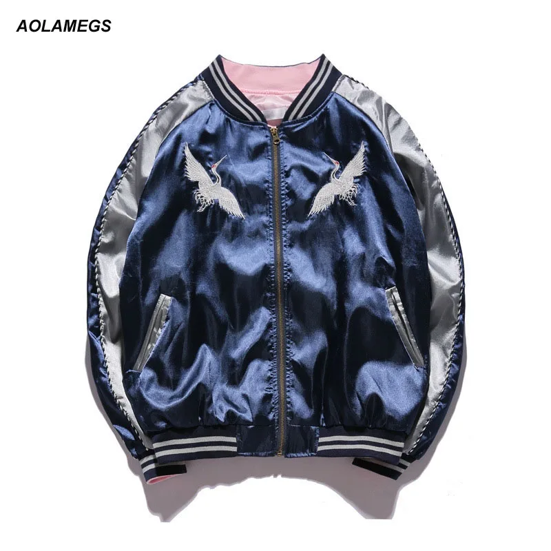 

Aolamegs Japan Yokosuka Jacket Men Women Unisex Fashion Bomber Jacket Crane Bird Embroidery Baseball Uniform Clothing Streetwear