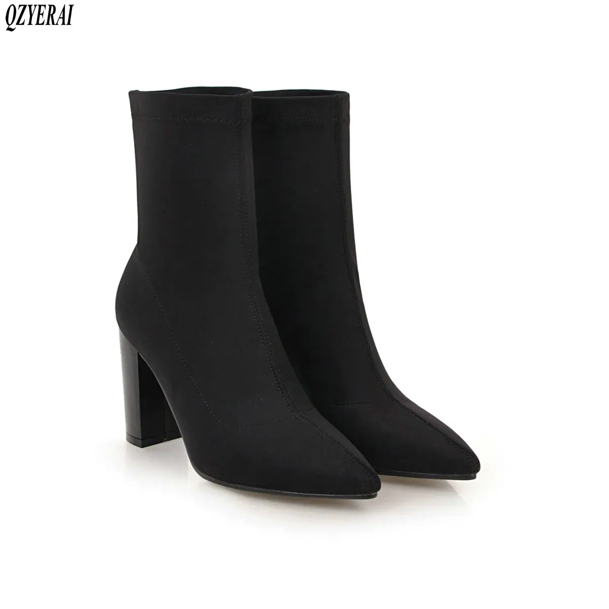 

QZYERAI size-43 Fall new style high heel lady's pointed ankle boots flying fabric Sock boots European style fashion shoes women