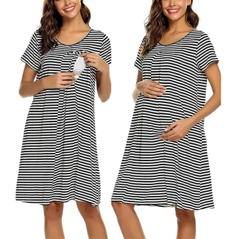 

Pregnancy Dress Women Maternity Short Sleeve Striped Nursing Baby Nightdress Breastfeeding Dresses Ropa Premama Summer Clothing
