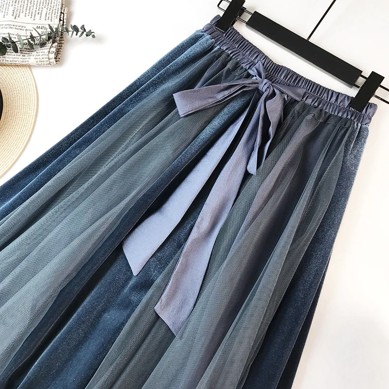 Демисезонный Для женщин сетки Юбки эластичный Высокая Талия галстук бархатная юбка женская плиссированная юбка длинные юбка-пачка Saias AB1273