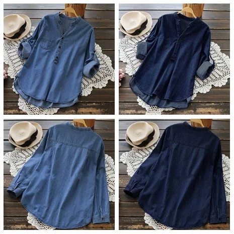 Spring New Female Casual Cowboy Shirt Long Sleeve V Neck Collar Long Jean Blue Blouse Plus Size Top Shirt
