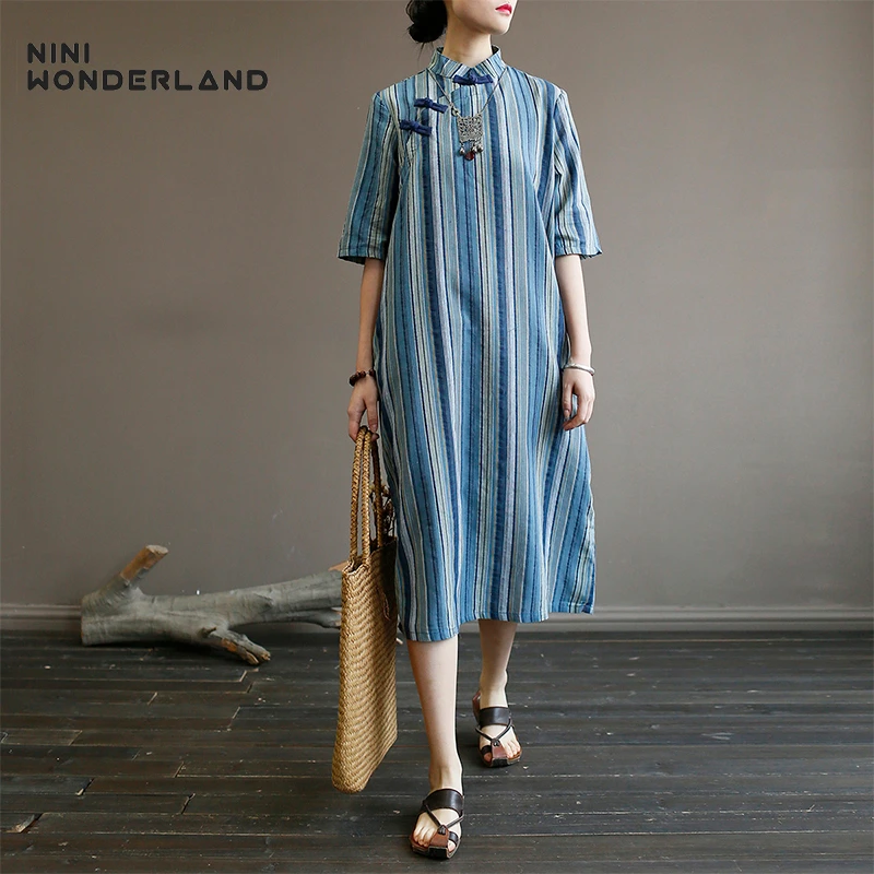 

NINI WONDERLAND Autumn Striped Dress Women Cotton Linen Nation Style Classic Dress 2019 Stand Collar Vintage Dress Loose Clothes