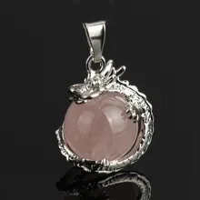 YYW Jewelry Women Real Natural Rose Stone 3D Dragon Pendant Round Ball Quartz Tiger Eye Malachite Stone Pendant for Neckalce