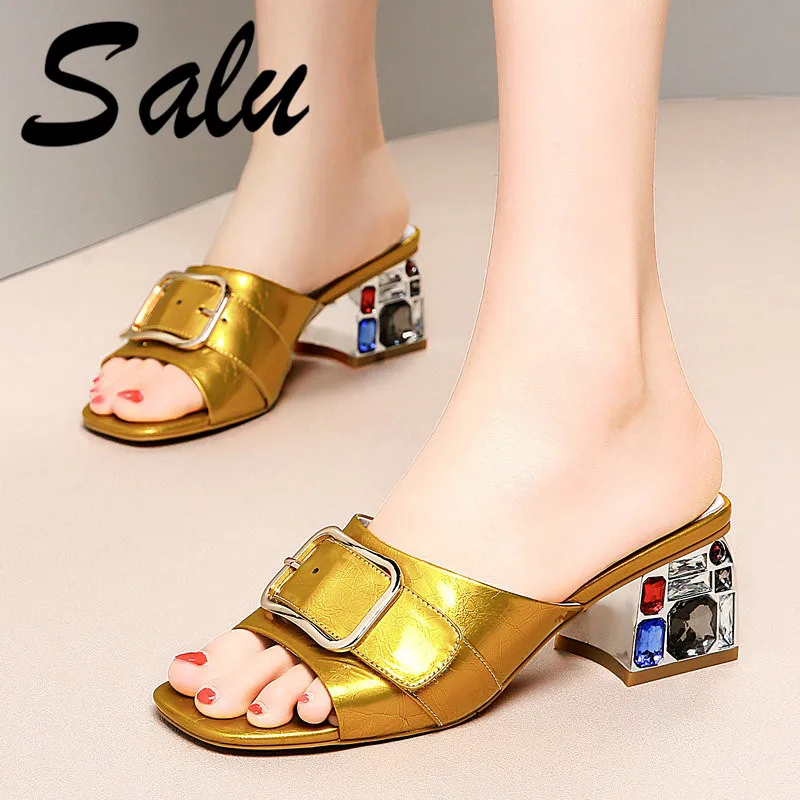 

Salu High Quality Genuine Leather Sandals Slip-On Wedding Hot Sale Solid Shallow Shoes High Square Heel Concise New Sandals