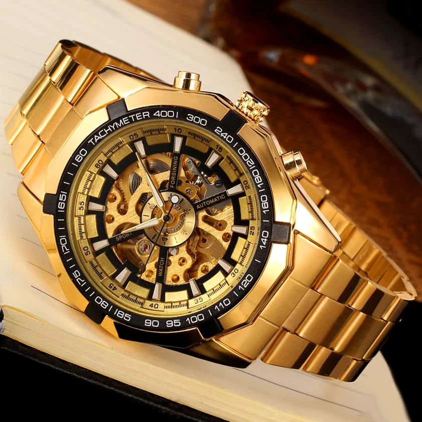 Мужские классические автоматические механические золотистые часы скелетоны