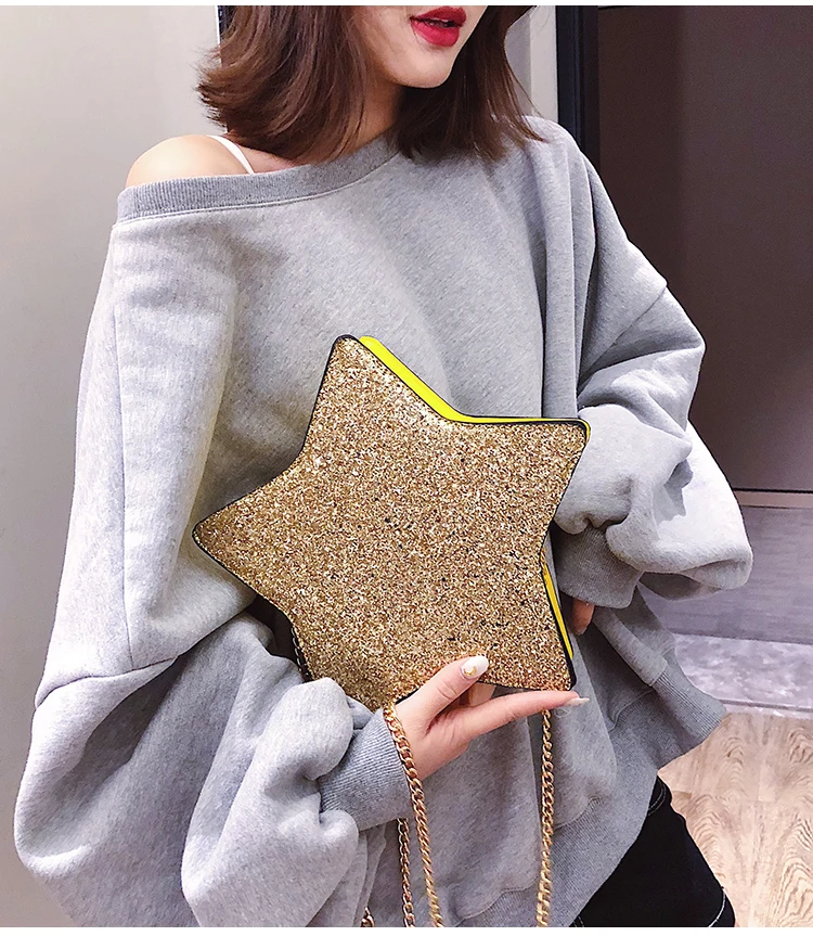 Sequins Stars Style Pu Leather Fashion Casual Ladies Chain Purse Shoulder Bag Tote Crossbody Mini Bag Female Bolsa Handbag Flap