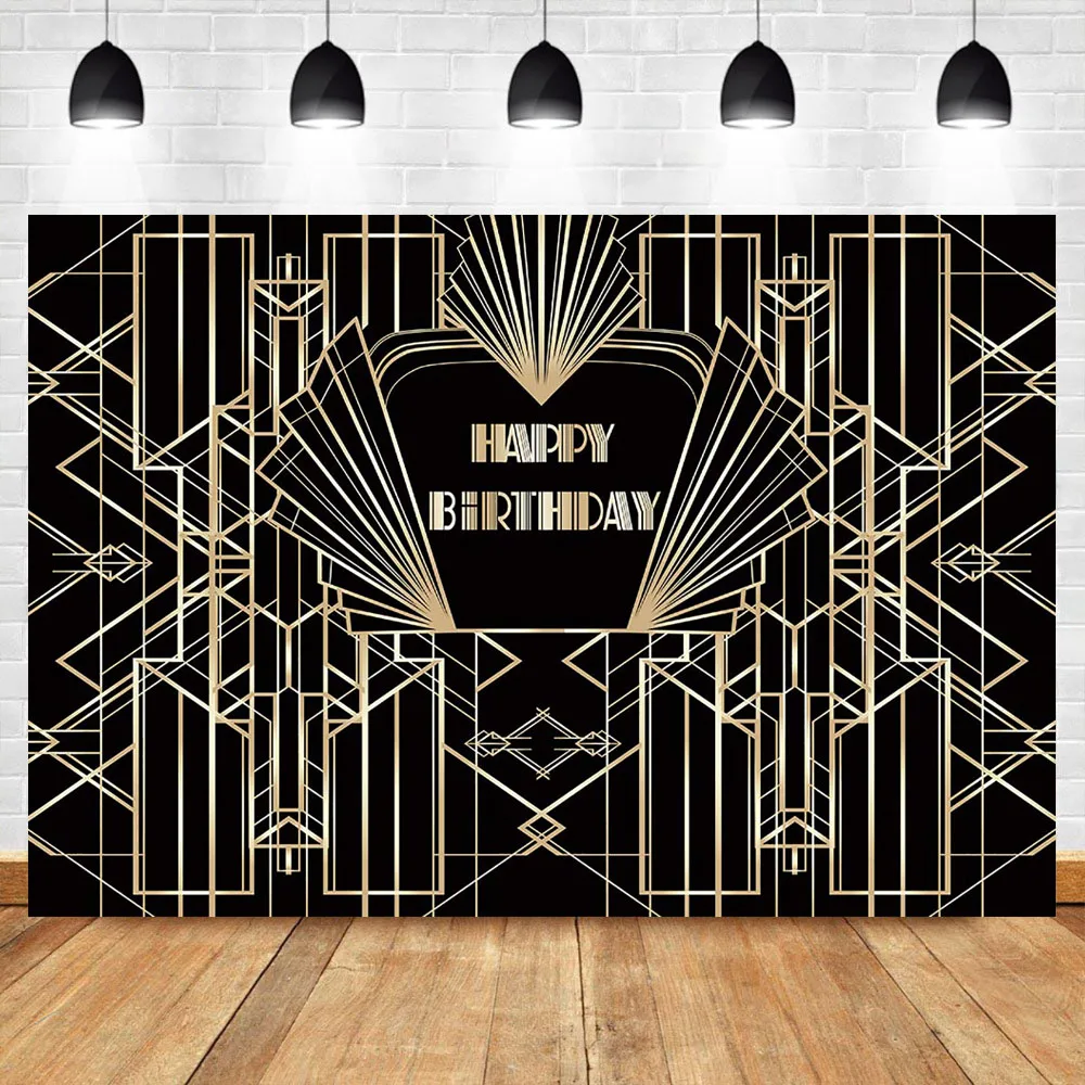

NeoBack Gatsby Birthday Backdrop Retro Great Gatsby Happy Birthday Party Banner Black Gold Photography Backdrop