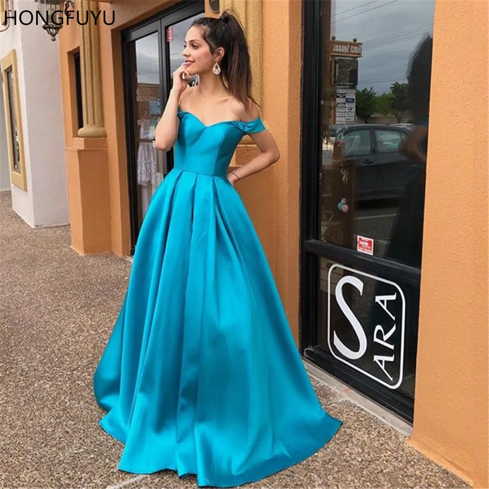 

HONGFUYU 2019 Satin A Line Evening Prom Dresses Long Party Formal Wear Off Shoulder Lace Up Backless Pageant Gowns Full Length