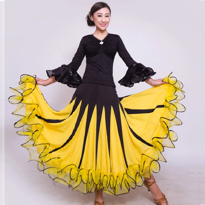 Сексуальная Современная Танцевальная юбка для женщин, профессиональная красная Желтая Женская испанская Танго вальс фламенко, конкурентоспособная бальная юбка N4035