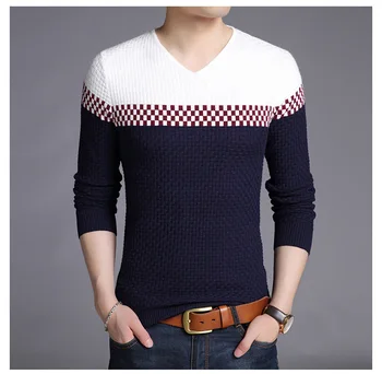 

2019 Men Sweaters Casual Hit Color Patchwork V-neck Pullover Men Autumn Winter Warm Wool Slim Fit Cotton Sweater