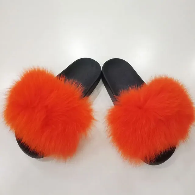 Новые женские пушистые натуральным лисьим мехом тапочки Для женщин модные Цвета ползунки Демисезонный меховые домашн - Цвет: Orange