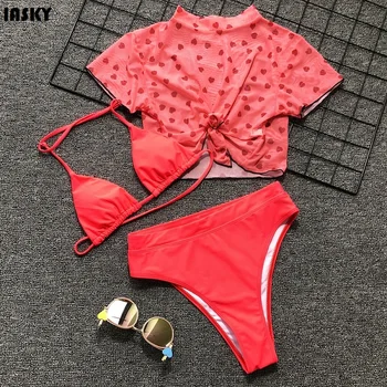 

IASKY 2019 New solid push up Bikini set with mesh top cover ups sexy women high waist swimswear swimsuit bathing suit 3pcs/set