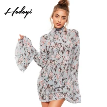 

Hodoyi Floral Printed Backless Dresses Female Flare Sleeve Cute Pencil Dress Women Vintage Elegant Mini Dress Ladies Vestidos