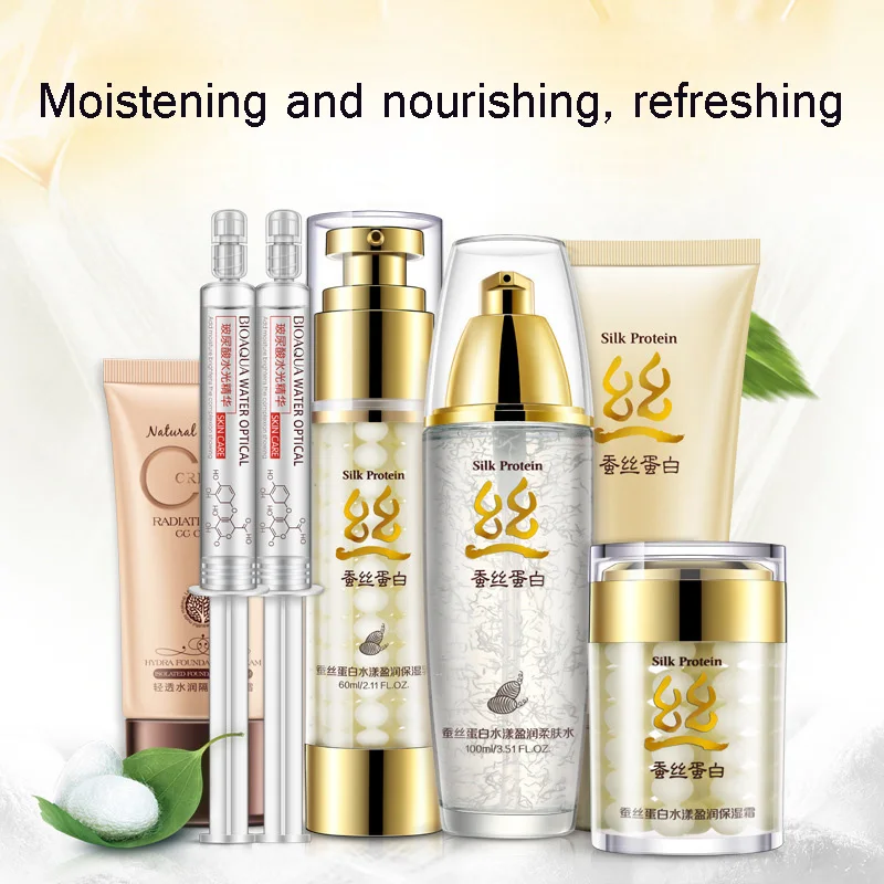 

7Pcs BIOAQUA Silk Protein Aqua Skin Care Set Deep Moisturizing Hyaluronic Acid Liquid Anti Wrinkle Collagen Essence Cream Kit