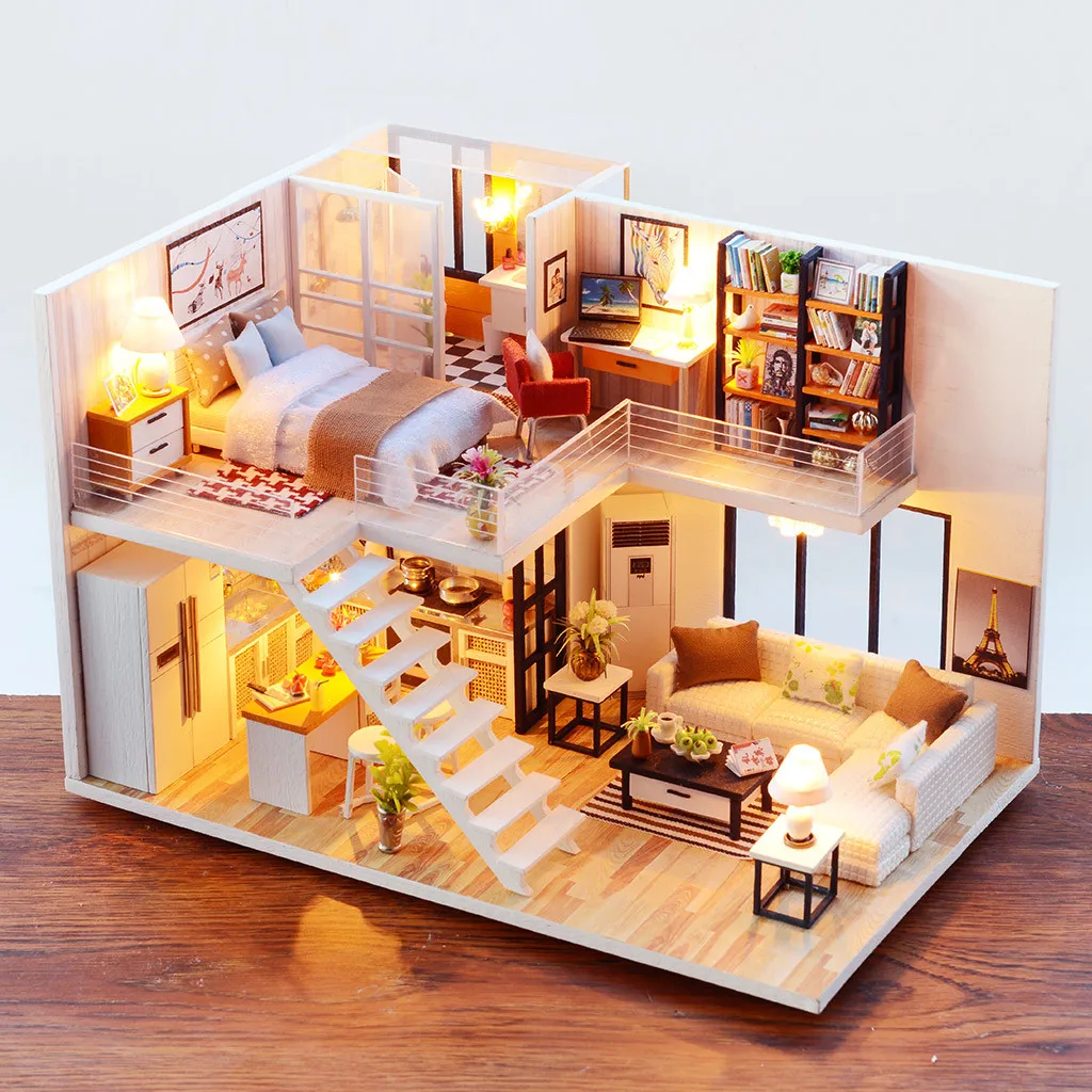 

Wooden Doll House Furniture Kit DIY Miniature 3D Model with LED Dust Cover Dollhouse Toys for Children Birthday Gifts k319