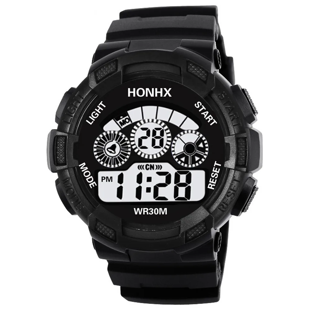 Бренд honhx мужские светодиодные цифровые армейские часы резиновые кварцевые часы с будильником водонепроницаемые спортивные часы модные наружные наручные часы - Цвет: Black