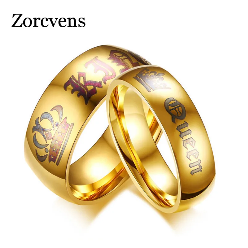 cheap ZORCVENS New Wedding Rings for Women Men Her King and His Queen Stainless Steel Couple Ring Promise Engagement Wedding Jewelry