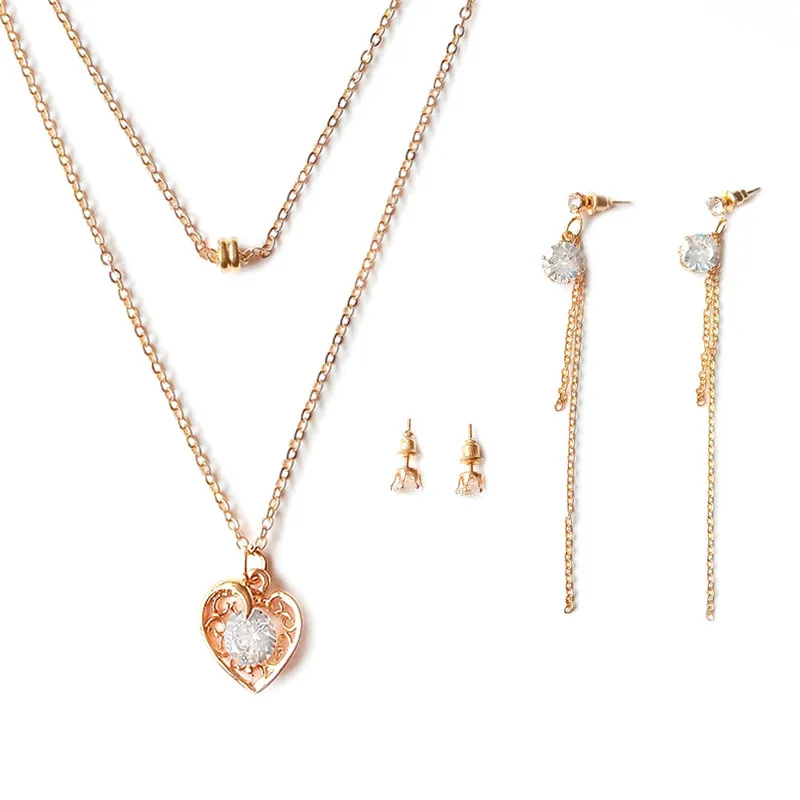 

Elegant Wedding CZ Crystal Jewelry Sets for Women Bridal Hollow Heart Pendant Necklace Earrings Gold Color Indian Jewelry Set