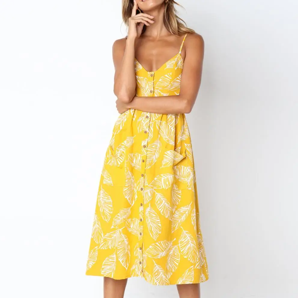 Летнее Повседневное платье женские лист печатных желтые летние платья Boho