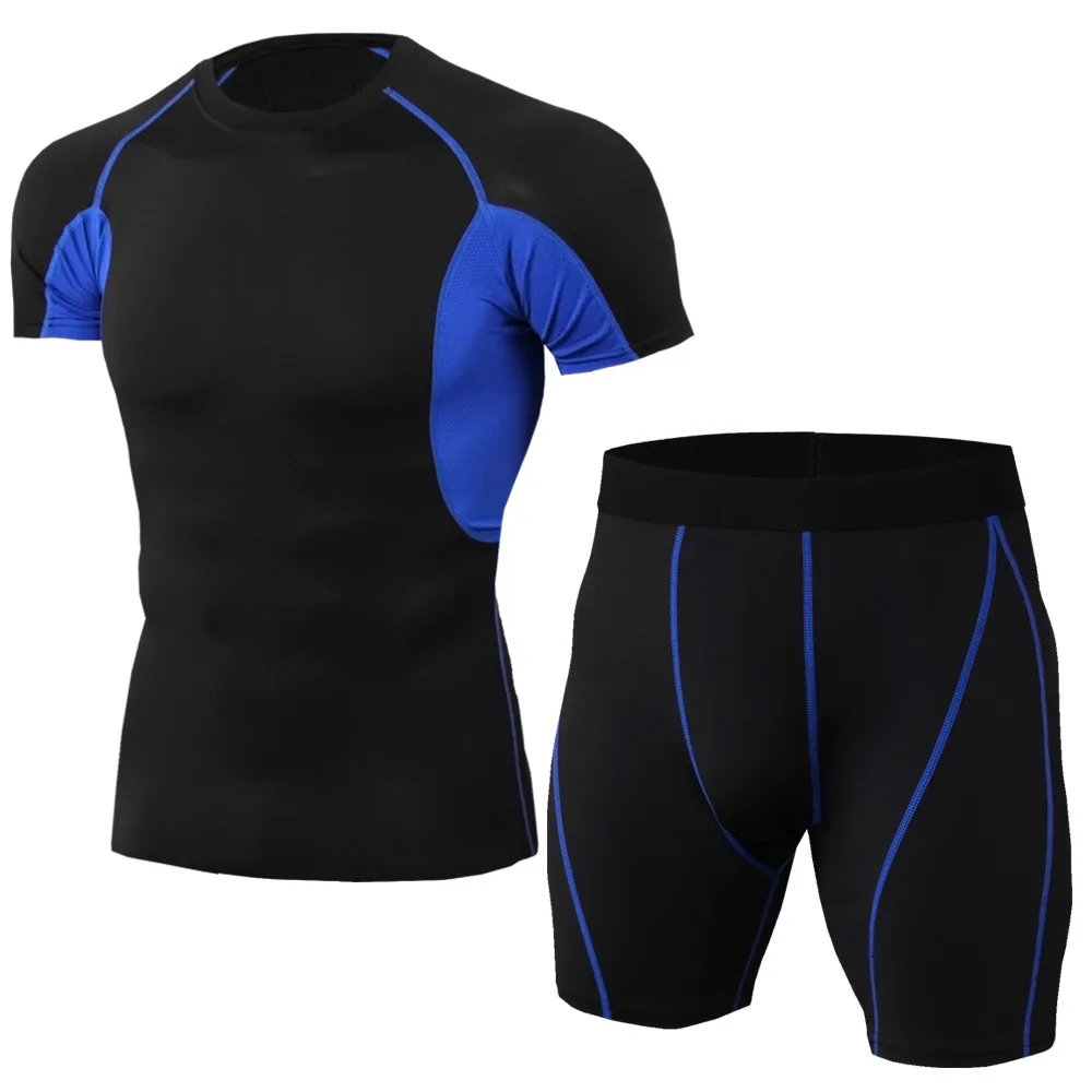 

New Striped Set Men Sport Tracksuit Fitness Tight Men Short Sleeve T shirt+Shorts Leggings Gym Run Jogging Quick Dry 2pcs / Sets