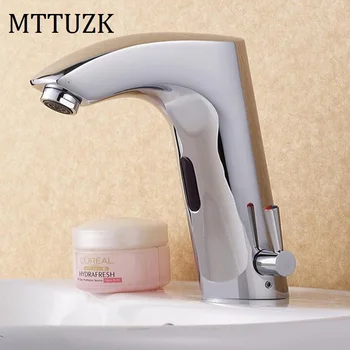 

MTTUZK Brass Chrome Plate Bathroom Sensor Faucet Deck Mounted Automatic Water Saving Basin Mixer Tap DC6V Torneira Free Shipping