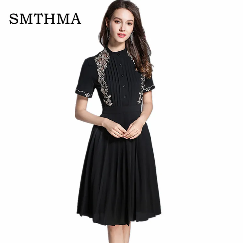 

HIGH QUALITY Newest Fashion 2019 Runway Designer black White Dress Women's Short sleeve Gauze Patchwork Embroidery Chic Dress