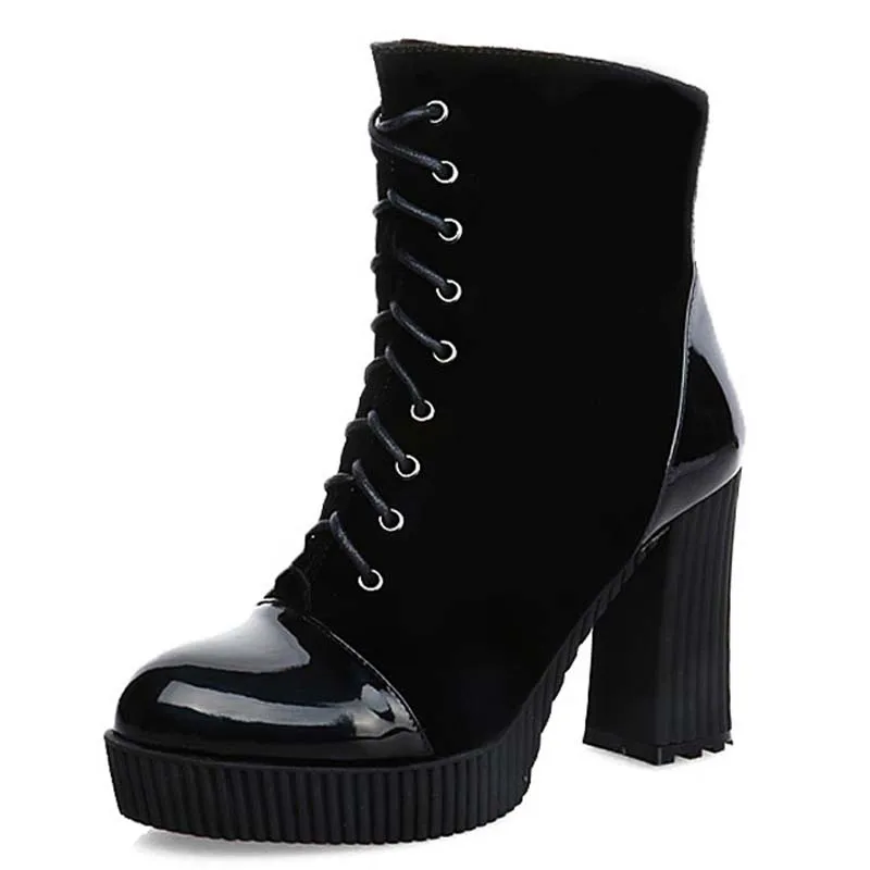 

Size 34-39 Advanced PU +Patent Leather Ankle Round Toe Square High Heel  Zip Boots For Women Black  New Fashion Boots