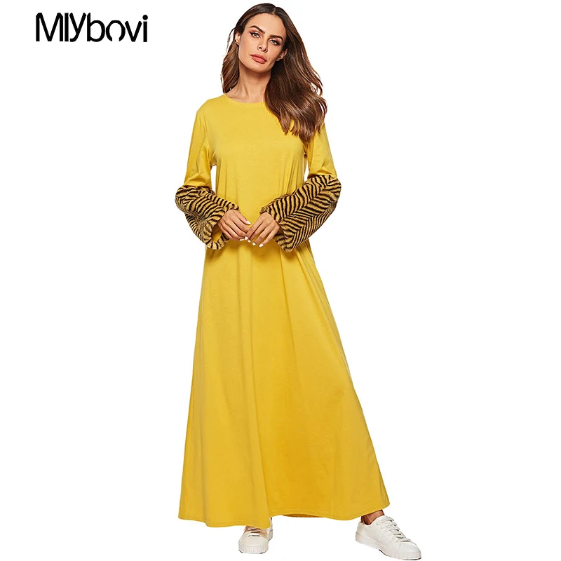 Yellow Women 4XL Muslim Dress Patchwork Dress Casual Maxi Abaya Arab ...