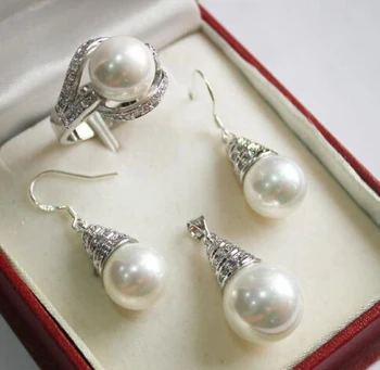 

zxia 12mm White Shell Pearl Pendant Necklace Earrings Ring8# Set
