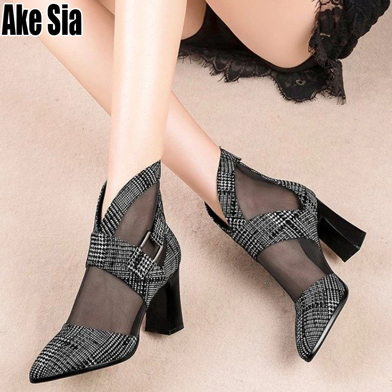

Women Hollow Out Summer Cool Mesh Ankle Boots Roman Female Chunky High Heels Lady Girls Fashion Martin Sandals Boots Shoes A835